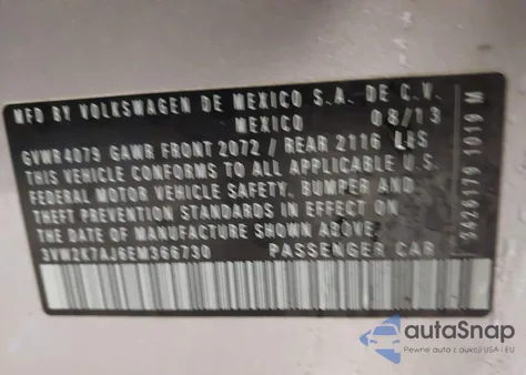 2014 Volkswagen Jetta 2.0L S z USA, uszkodzony, nr VIN 3VW2K7AJ6EM366730